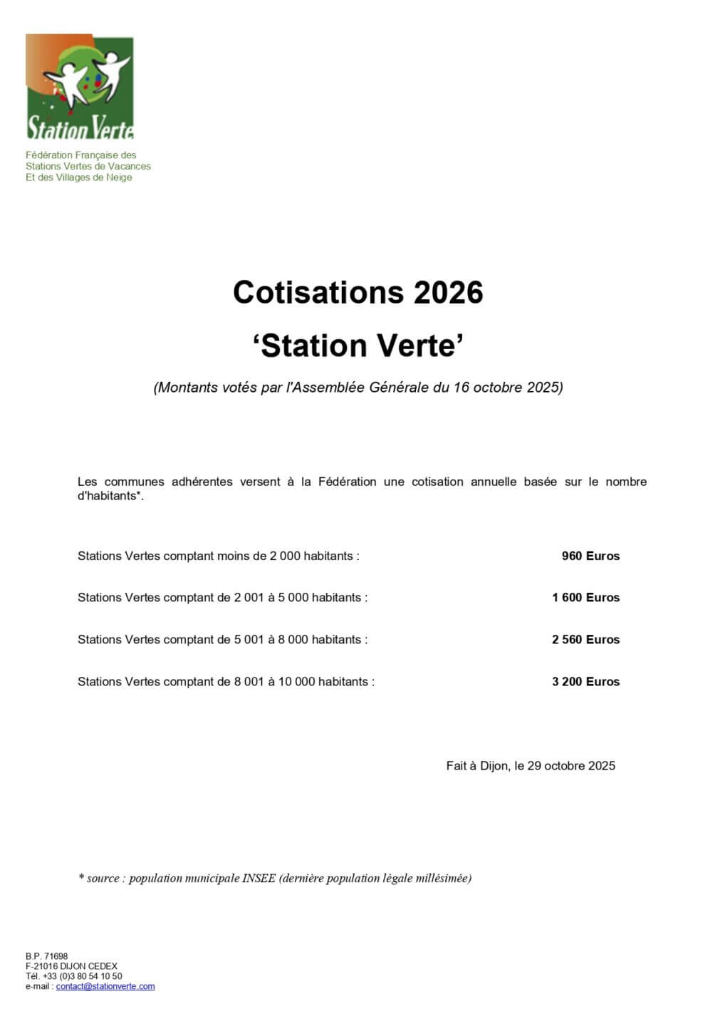 Cotisations Station Verte 2026