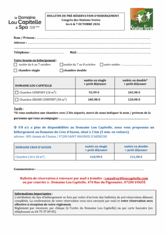 Bulletin de réservation hébergement Congrès 2026